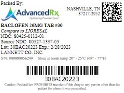 Baclofen 20mg Tab Qty 30 Ndc  80425 0112